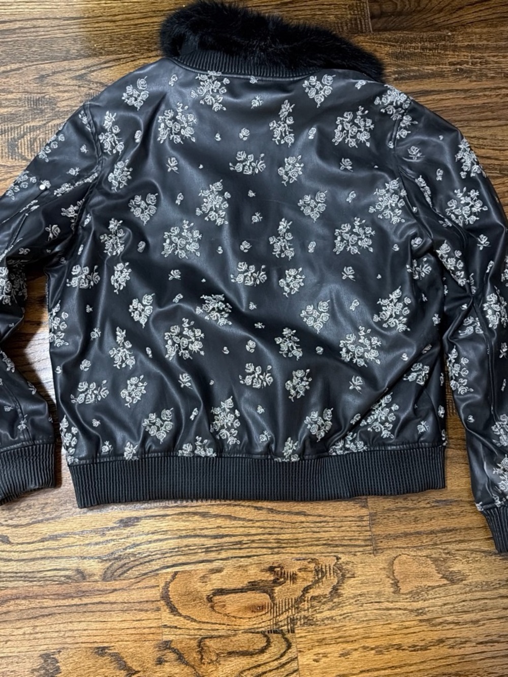 Michael Kors Black Bomber Jacket with Silver Floral Print and Faux Fur Collar